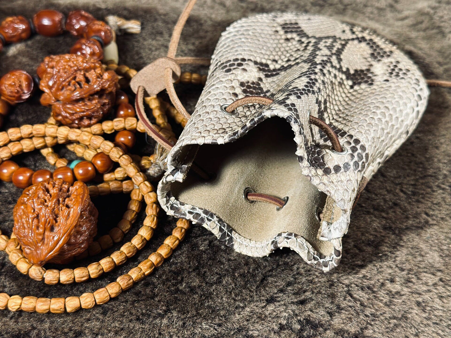 Handmade Leather Pouch with Snake Skin Pattern and Drawstring Closure