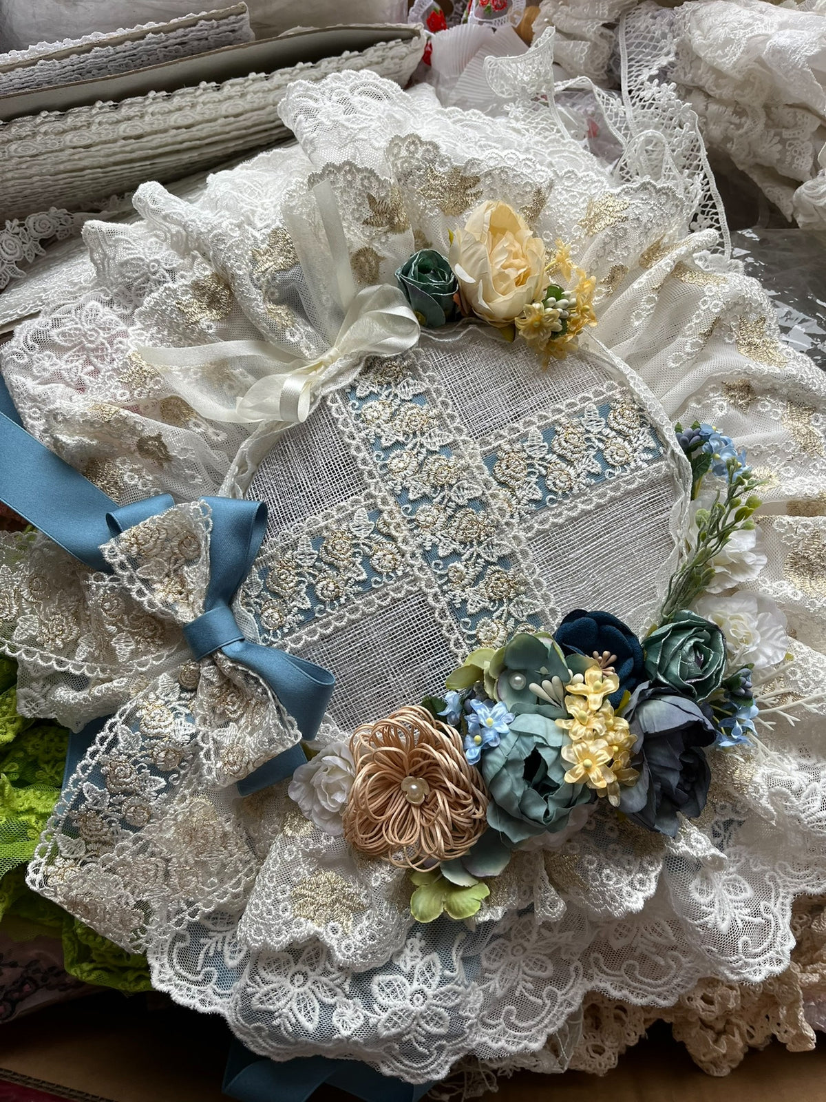 Lolita Flat Bonnet Dusty Blue Lace