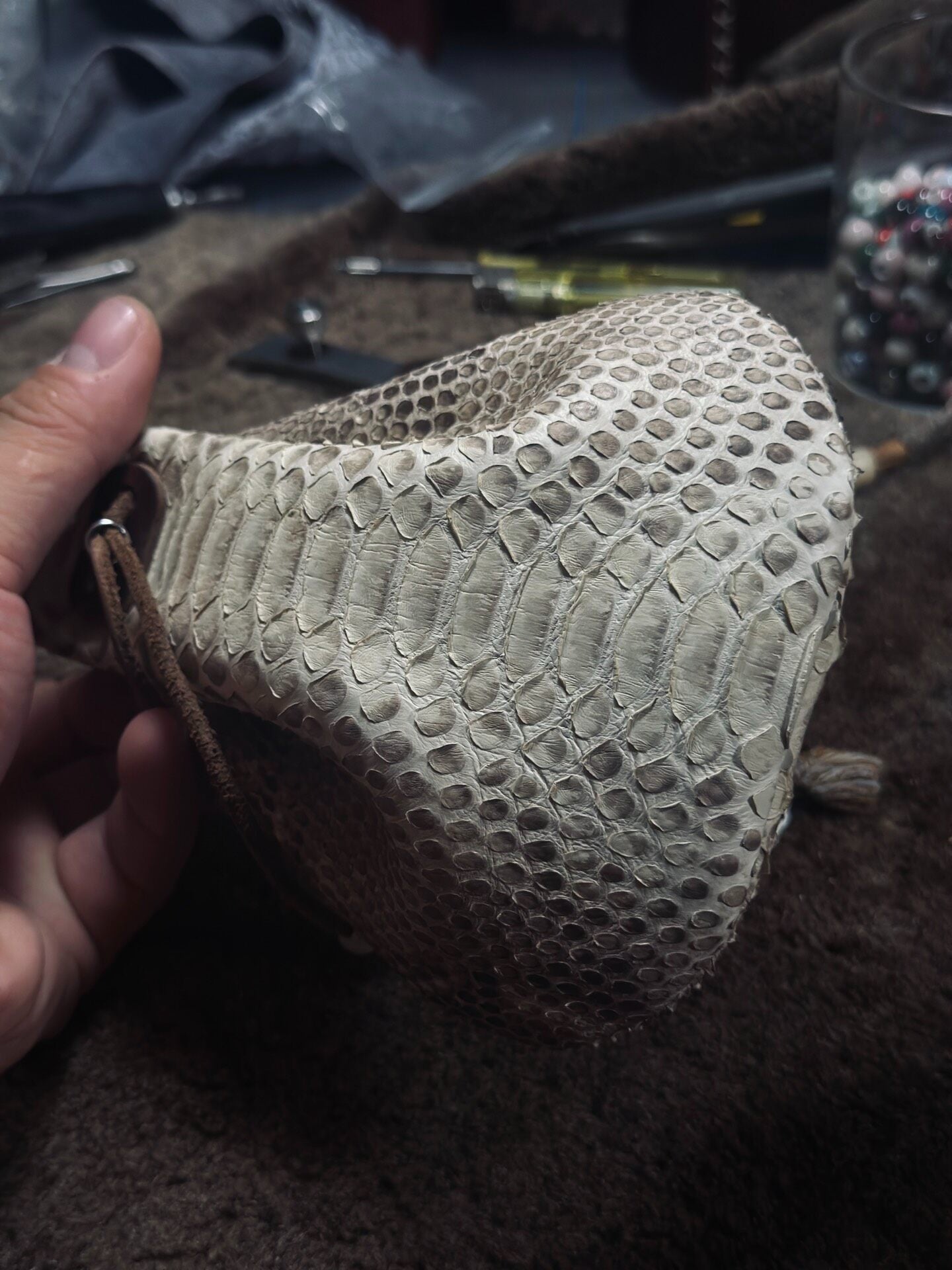 Handmade Leather Dragon Scale Pouch with Drawstring Closure
