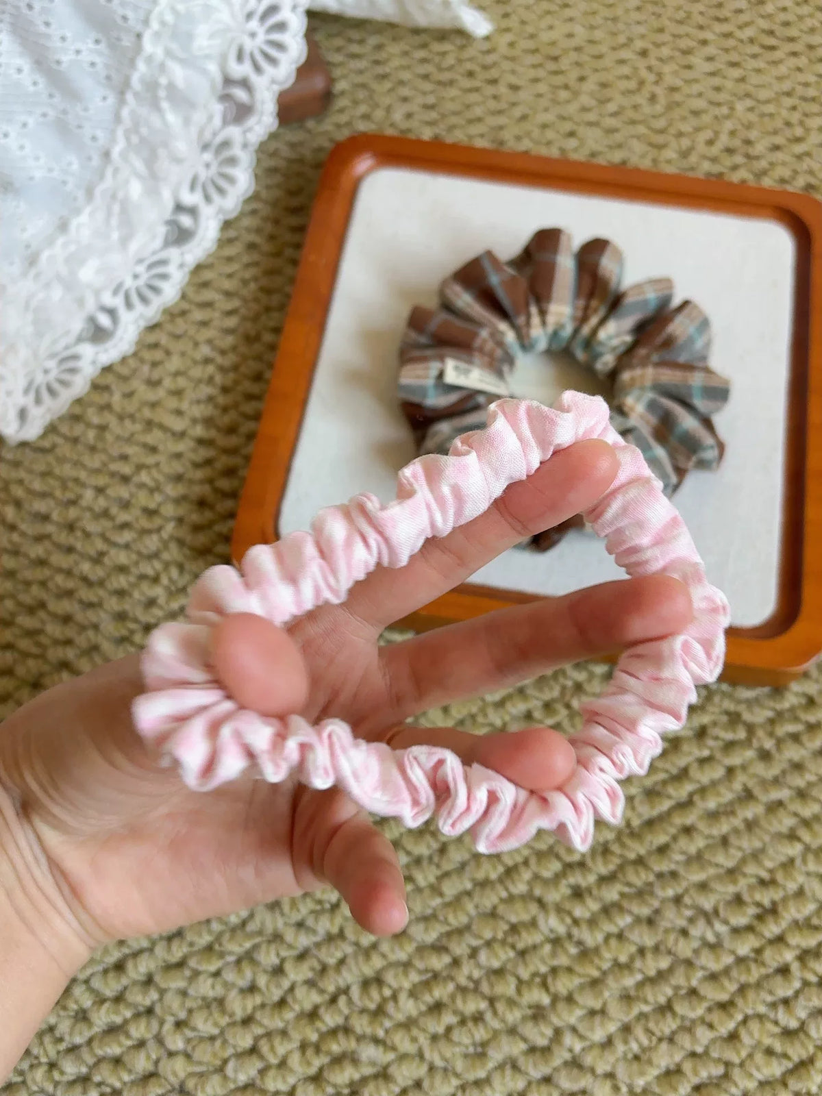 Imported Plaid Multi Pleat Scrunchie Set