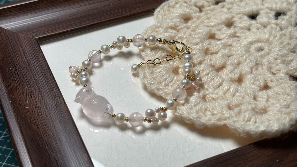 Handmade Rose Quartz Cat Pearl Woven Bracelet