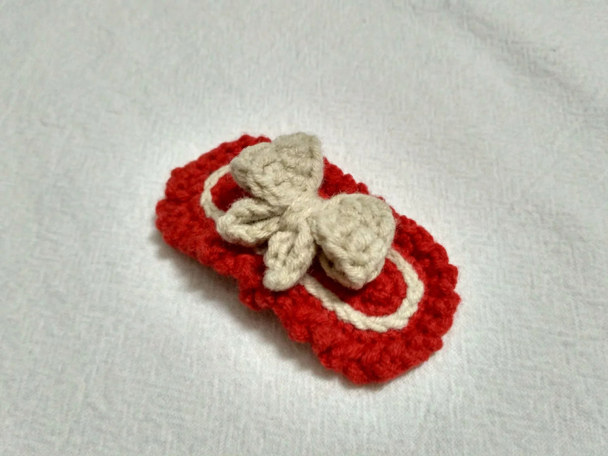 Handmade Crochet Red Yarn Bow Hair Clip