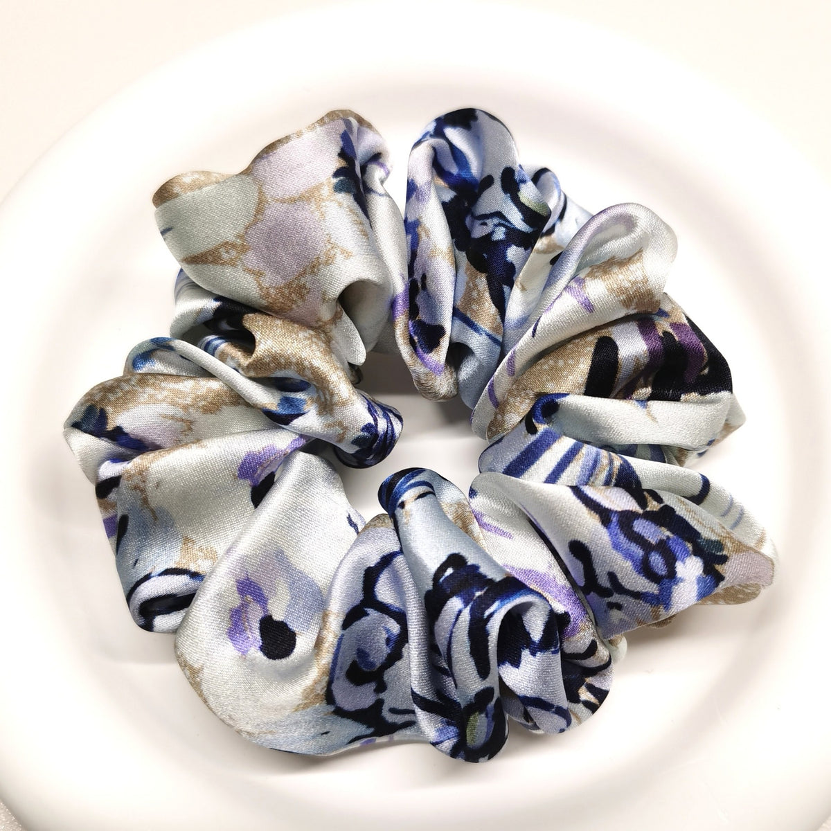 Pure Silk Blue Pattern Hair Scrunchie