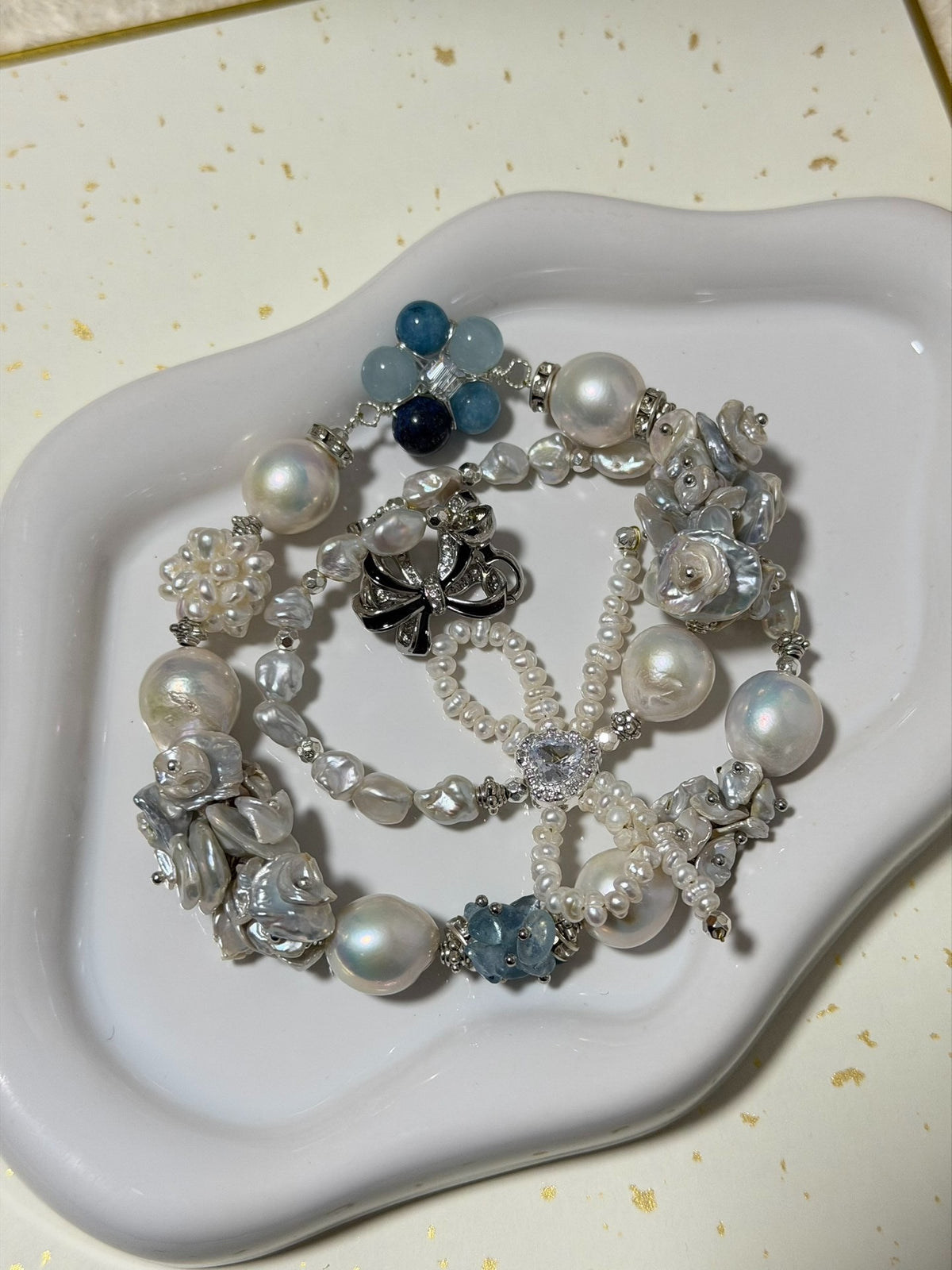 Baroque Pearl Floral Necklace with Blue Stones