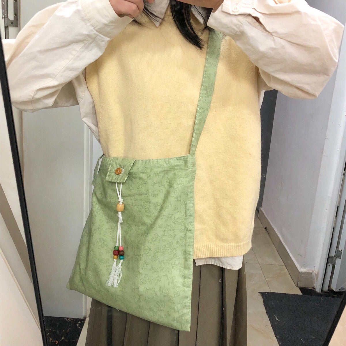 Hand Sewn Light Green Canvas Shoulder Bag
