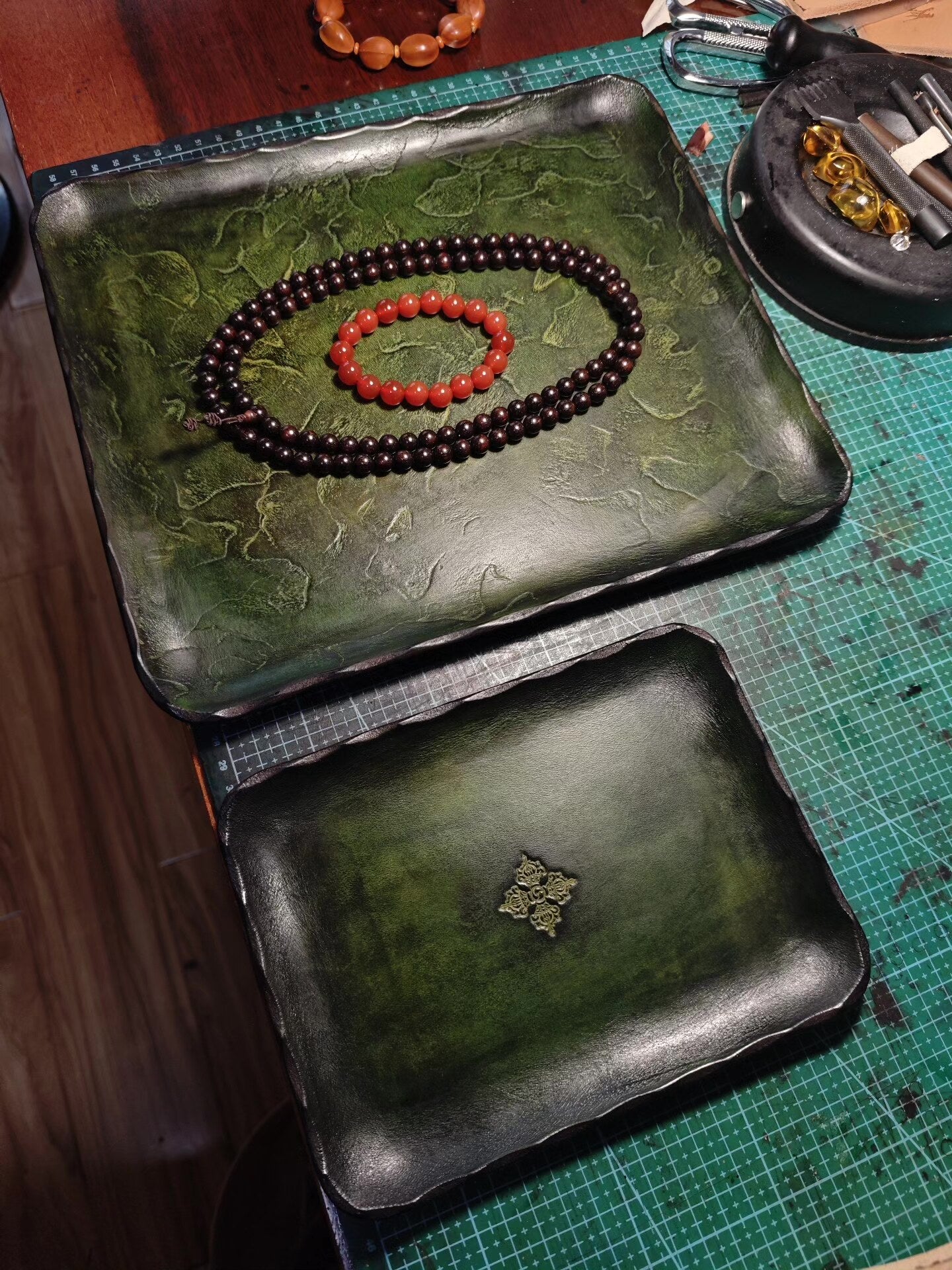 Emerald Green Leather Tray with Embossed Vajra Design