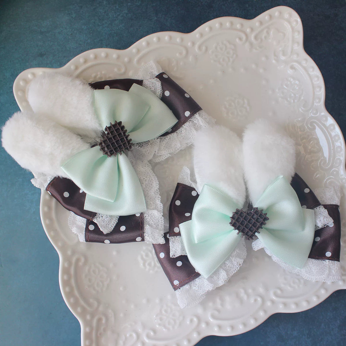 Mint Brown Lolita Bunny Cupcake Hair Accessory Set