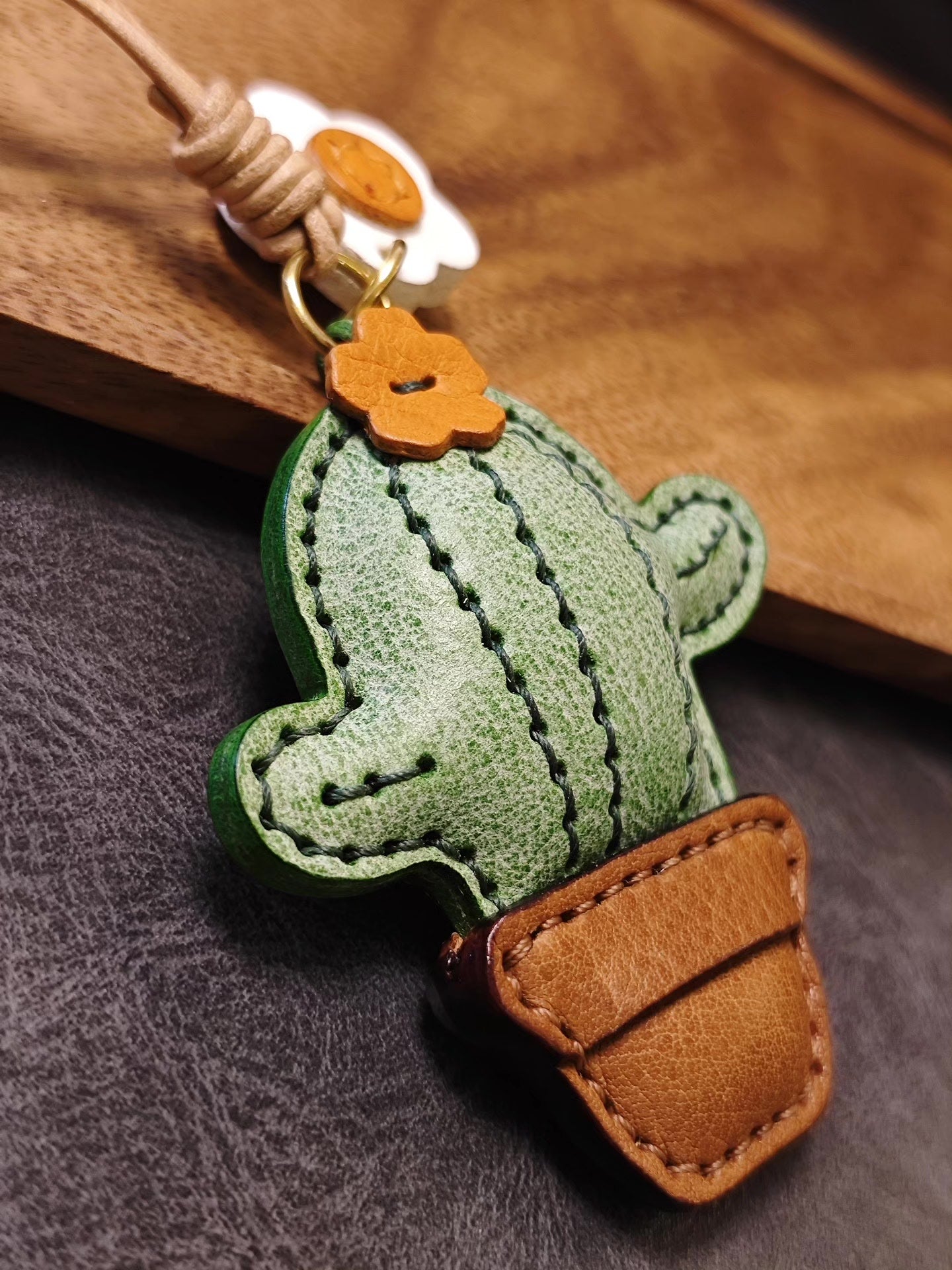 Handcrafted Cactus Leather Keychain with Flower Charms
