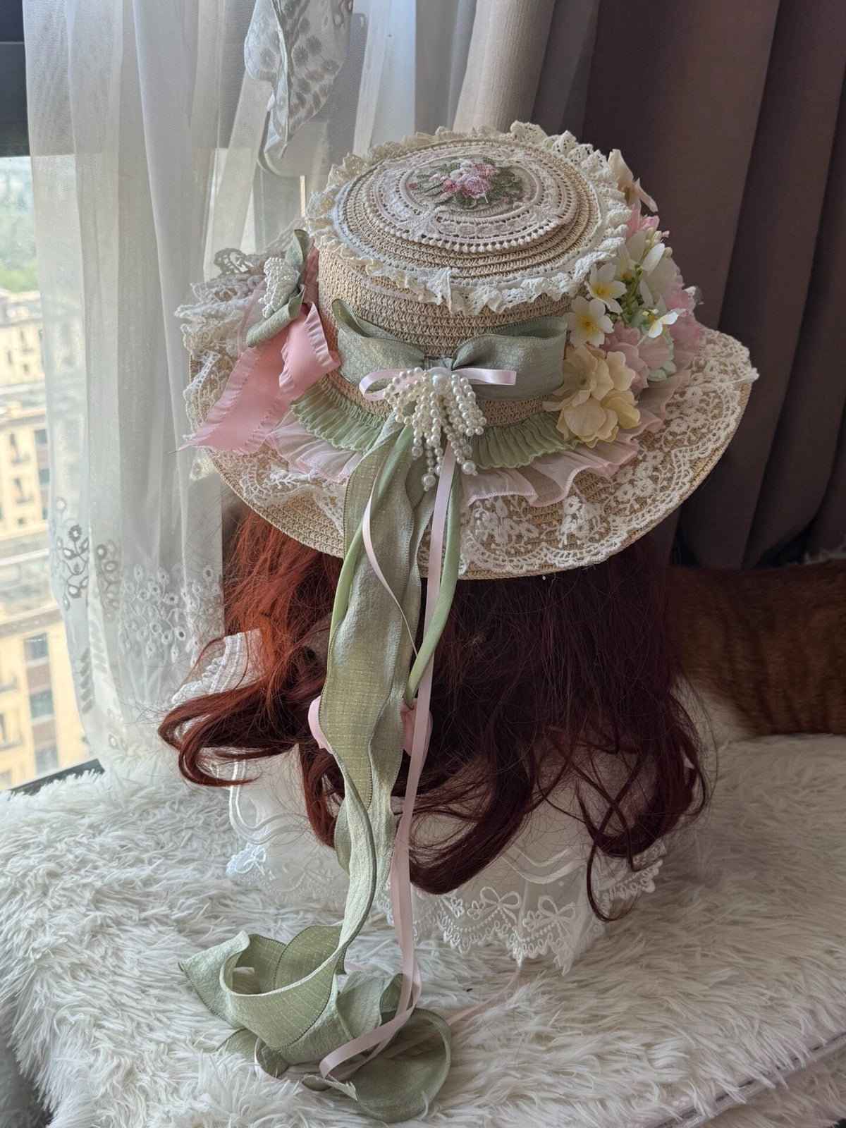 Lolita Straw Bonnet with Floral Lace Trim