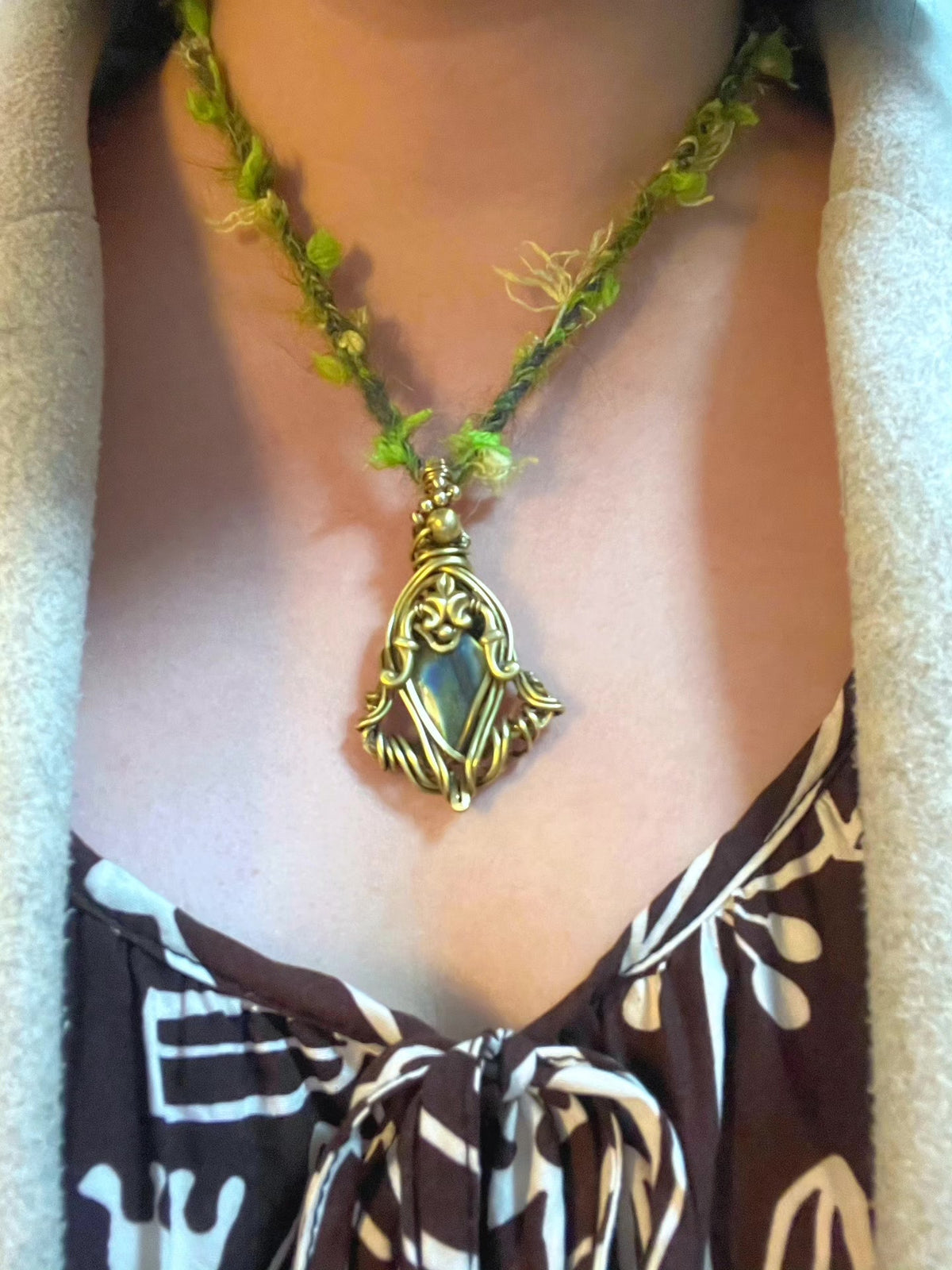 Labradorite Wire Wrapped Necklace Green Cord