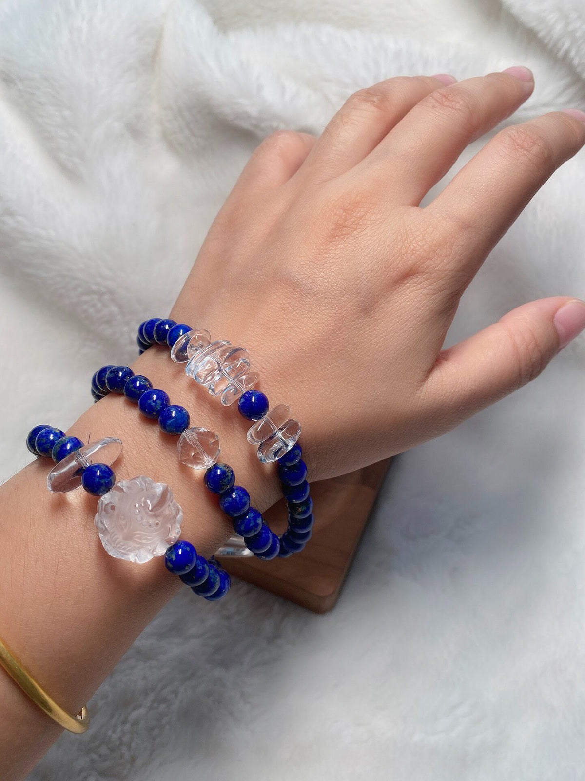 Lapis Lazuli Triple Wrap Bracelet with Quartz Fox Charm