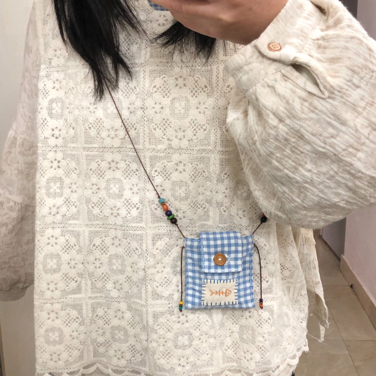 Blue Gingham Fish Embroidery Earphone Pouch