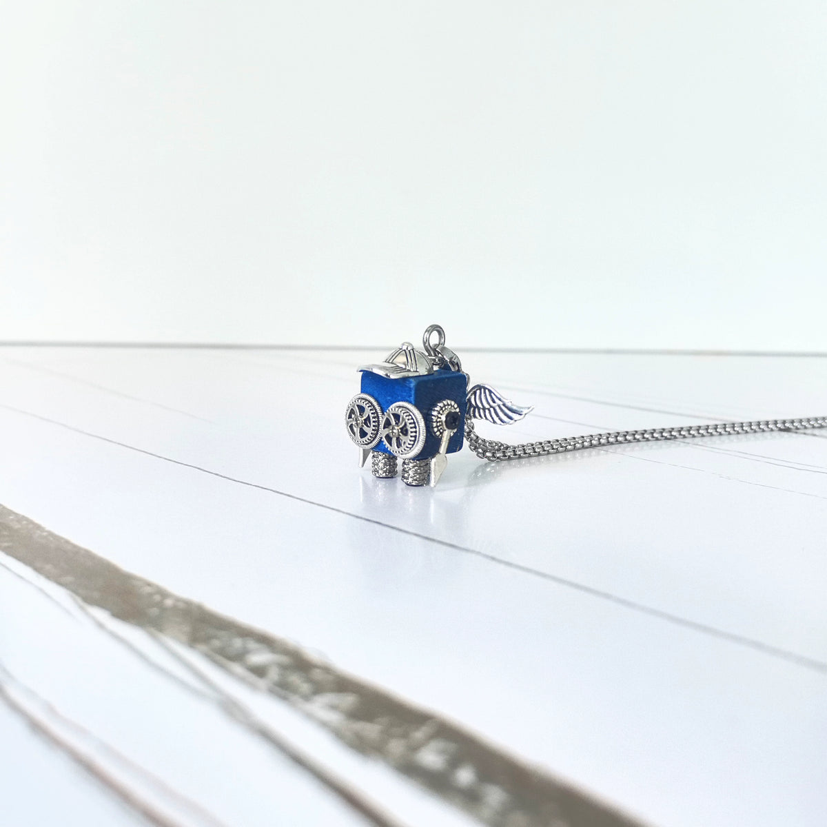 Steampunk Robot Necklace Blue Cube Pendant