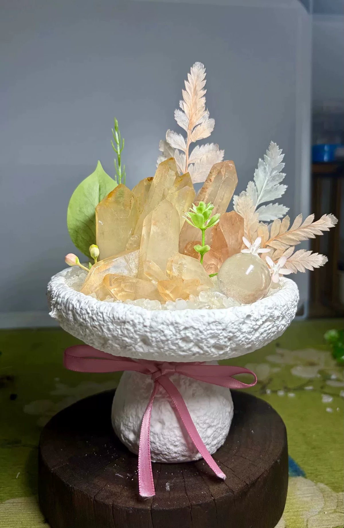 Yellow Crystal Bonsai in White Ceramic Bowl