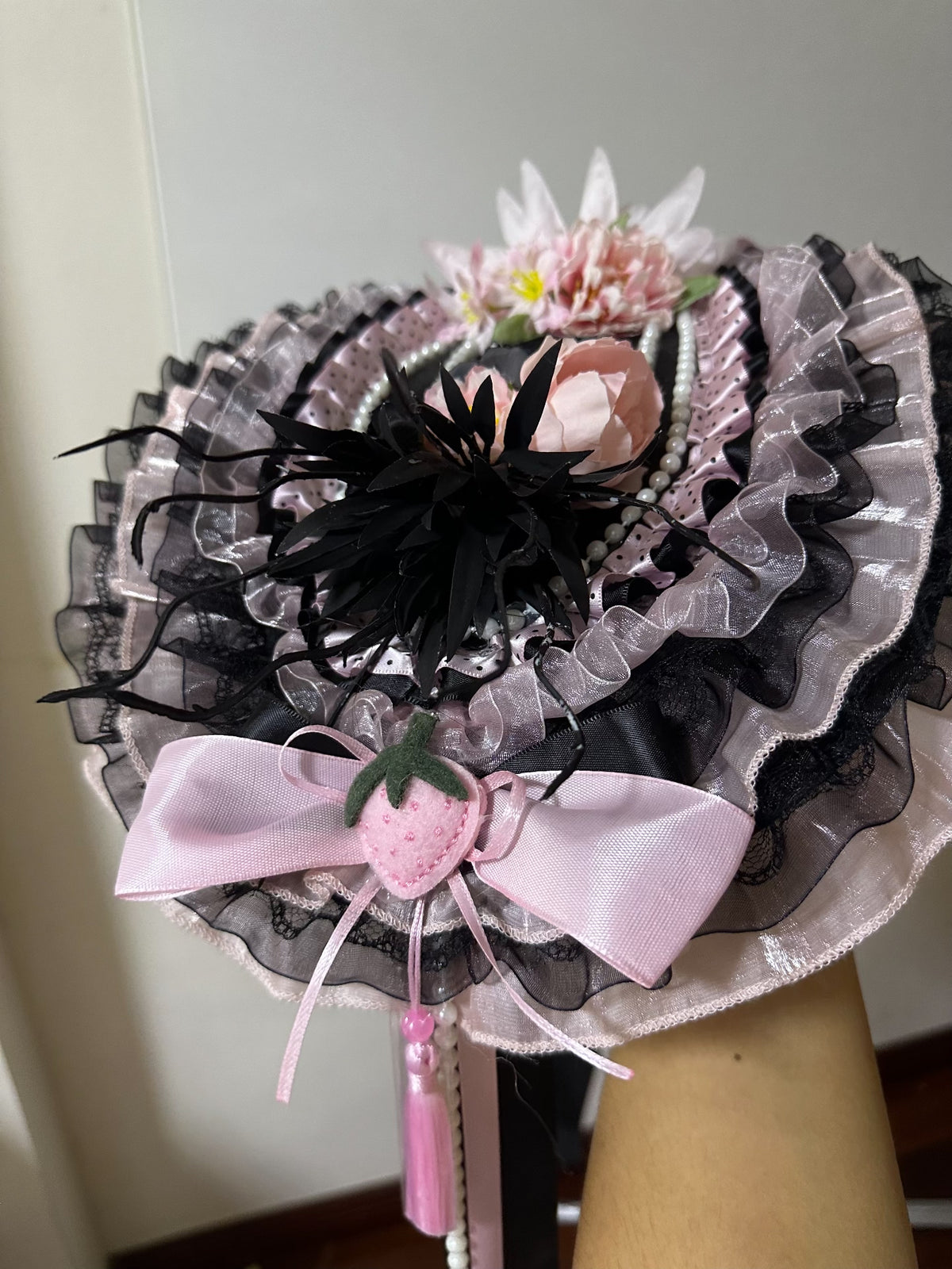 Black Pink Lolita Bonnet Hat with Pearls