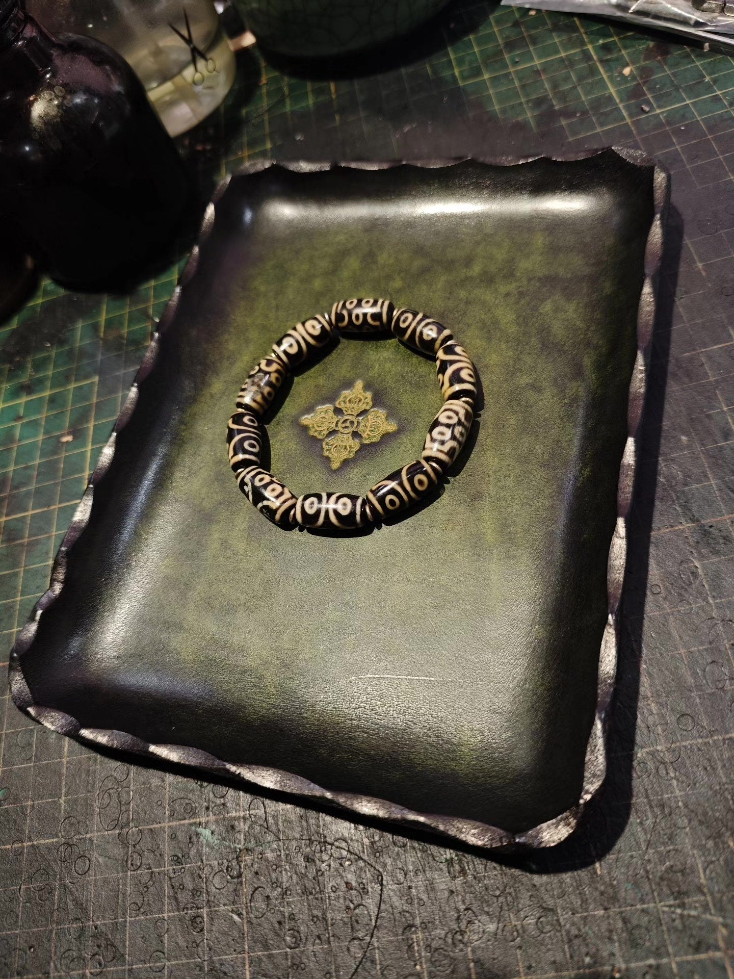 Antique Green Leather Rectangular Tray with Gold Carved Center and Scalloped Edges