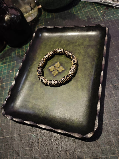 Antique Green Leather Rectangular Tray with Gold Carved Center and Scalloped Edges