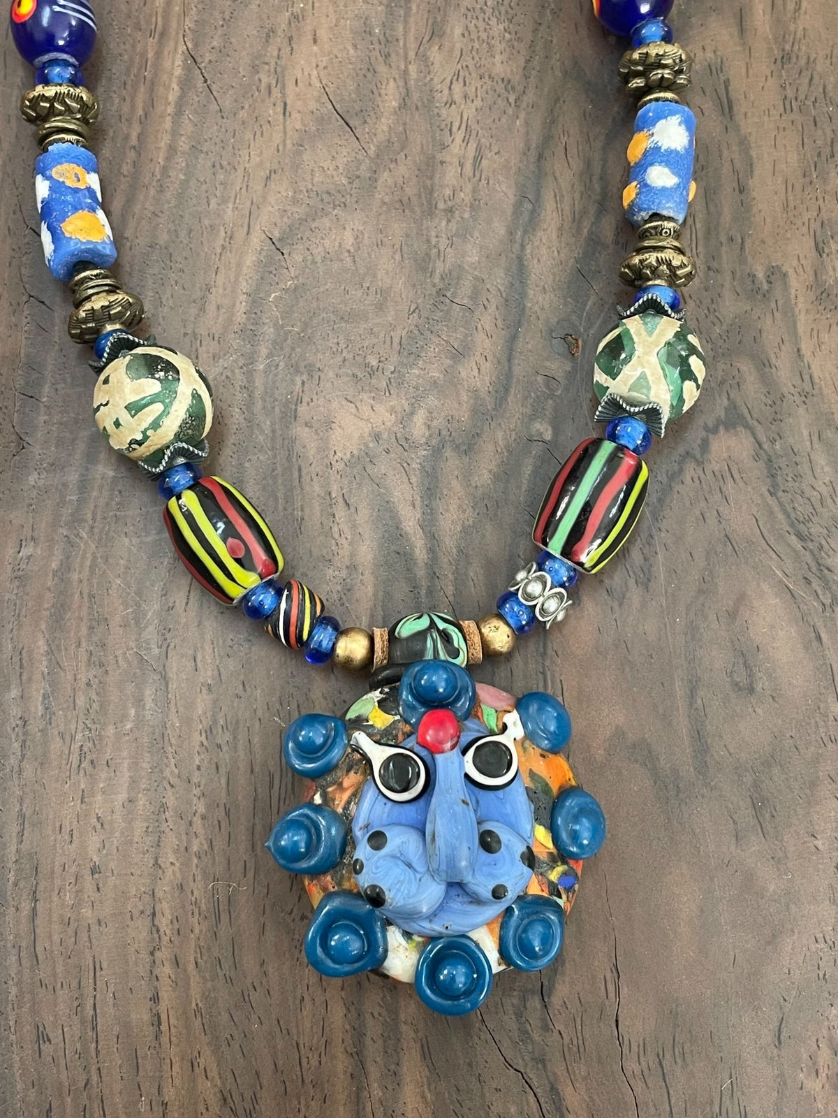 Lion Glass Pendant Necklace Blue Bead Strand