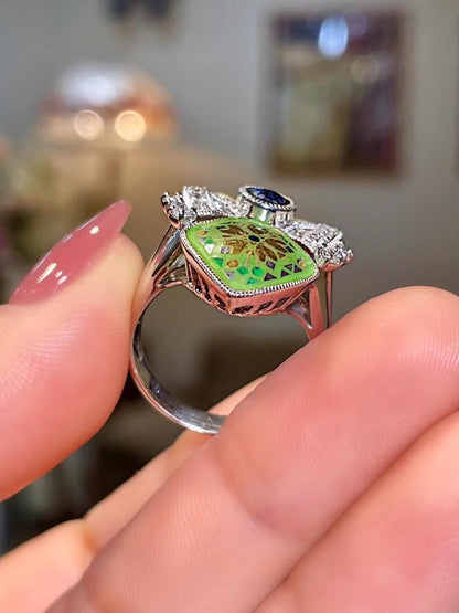 18K Gold Ring with 0.18ct Diamond and Lime-Green Enamel Shield