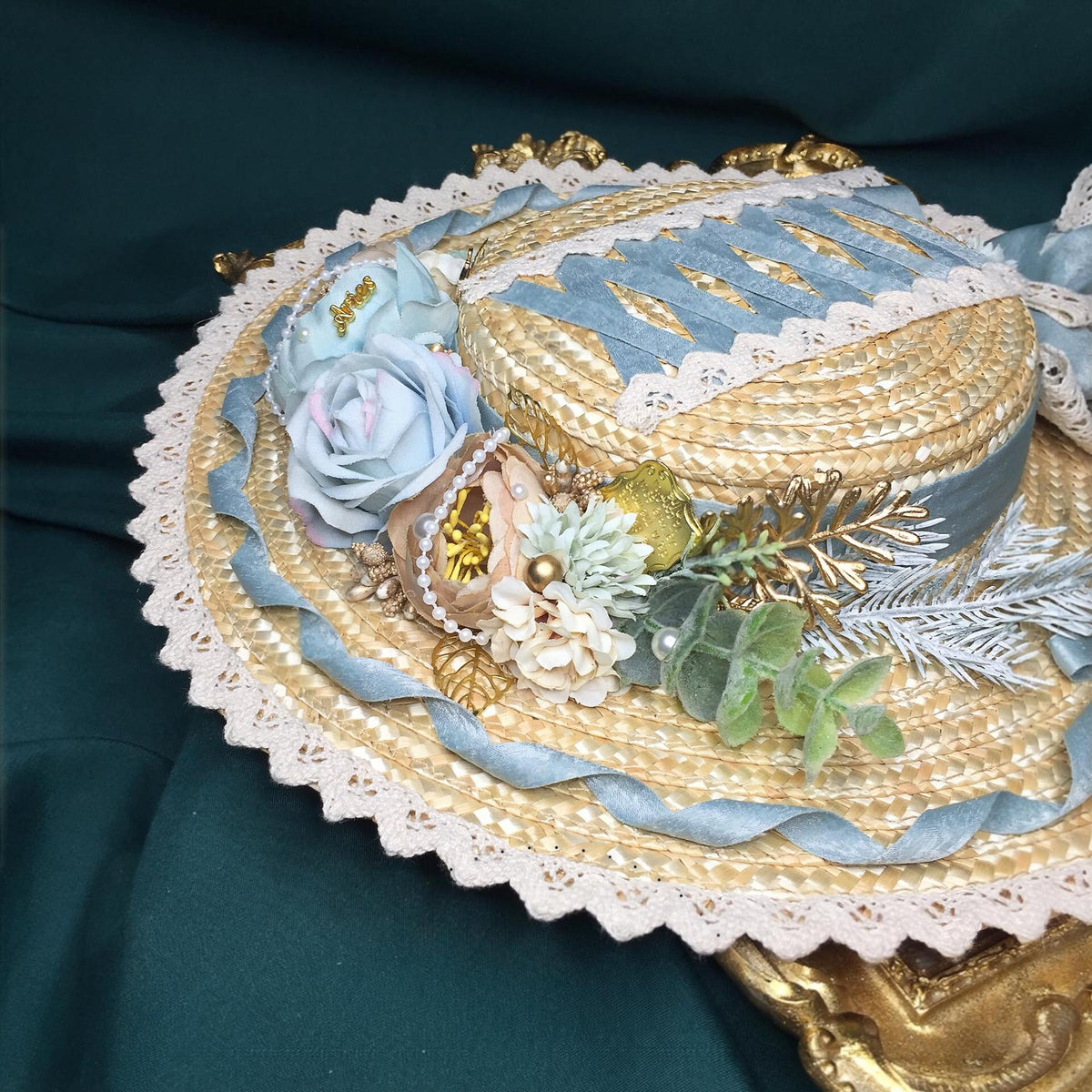 Lolita Straw Flat Hat with Blue Rose