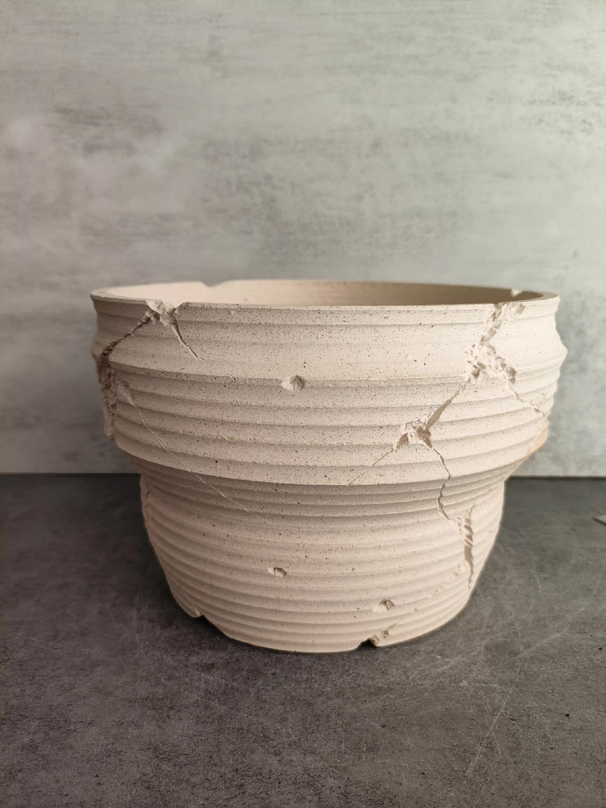 Cracked Ceramic Planter with Ribbed Texture