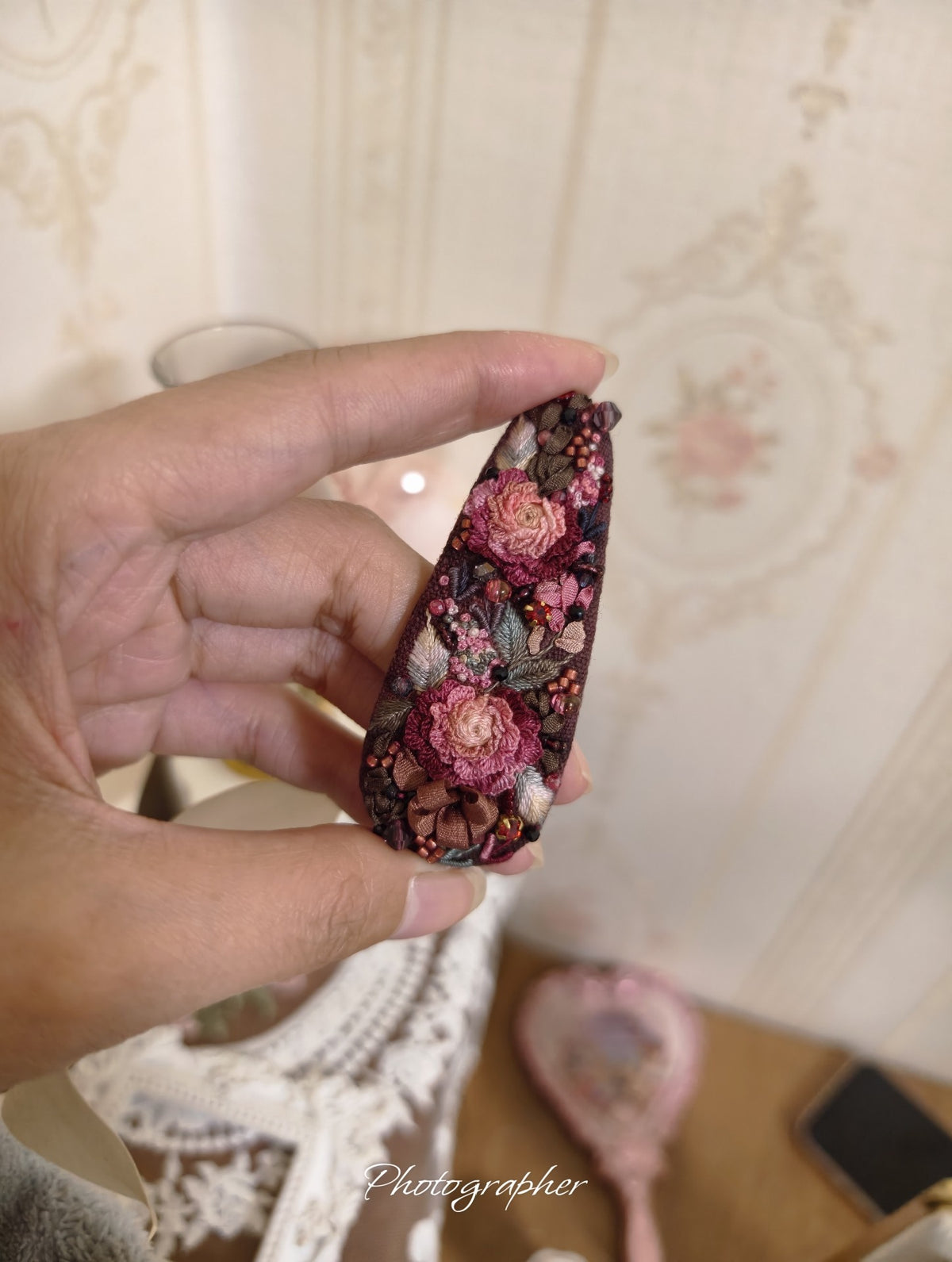 Vintage Rose Embroidery Bobby Clip