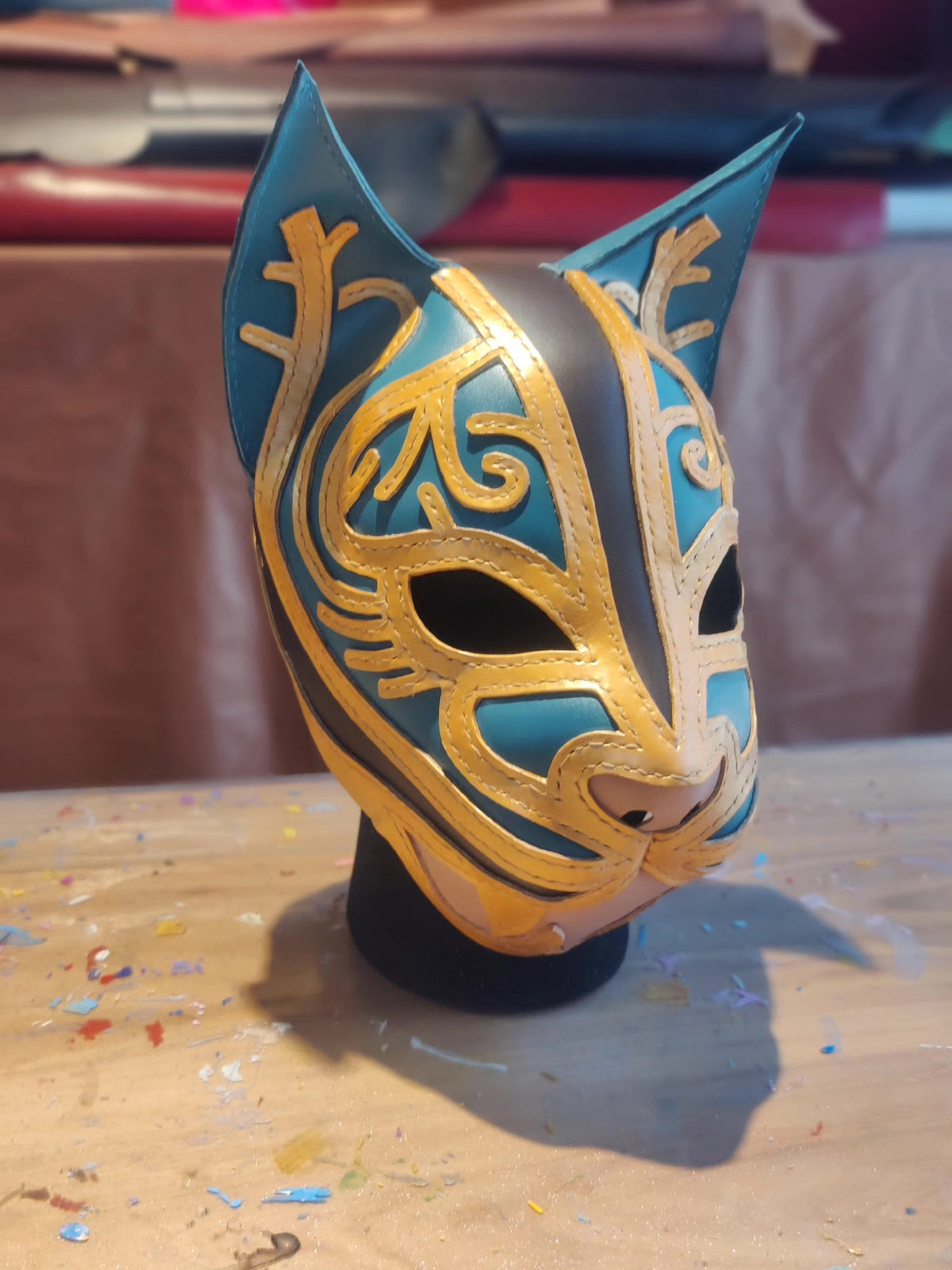 Handcrafted Leather Animal Mask with Gold Accents