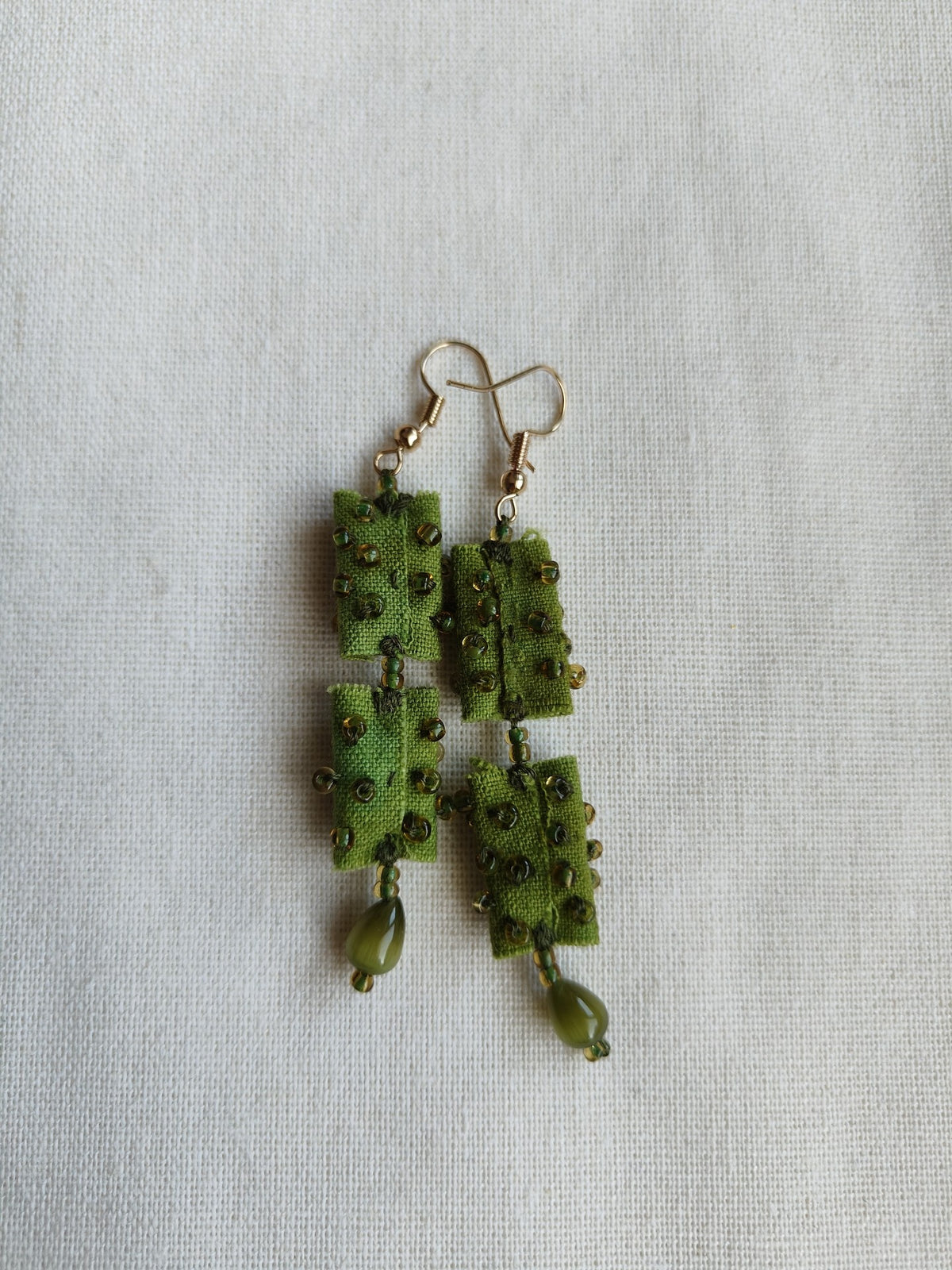 Handmade Fabric Earrings Green Beaded Tassel