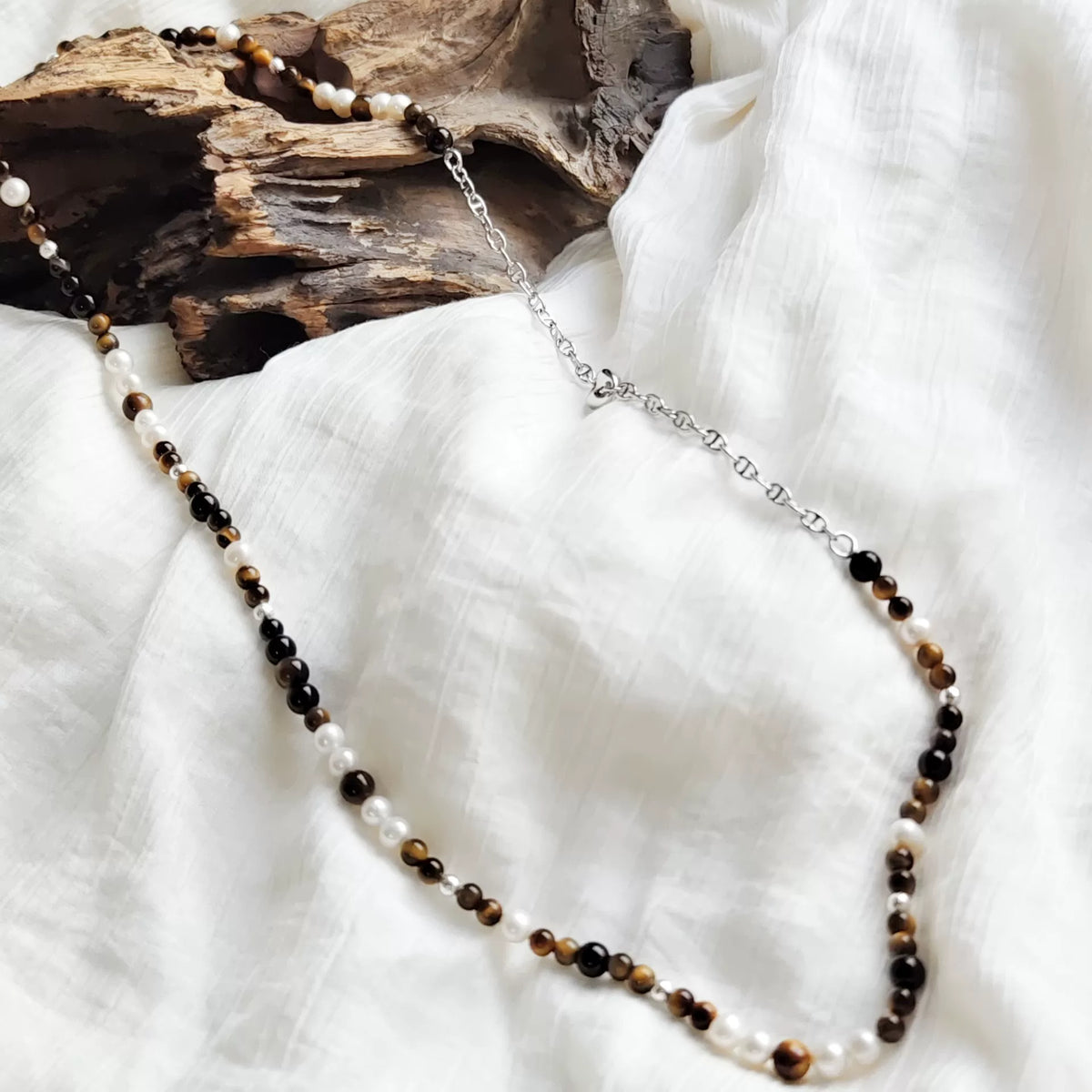 Yellow Tiger Eye Pearl Black Agate Sweater Chain