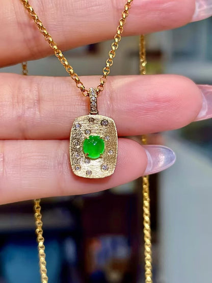 18k Gold Pendant with Oval Green Cabochon and 0.10ct Clear Stones