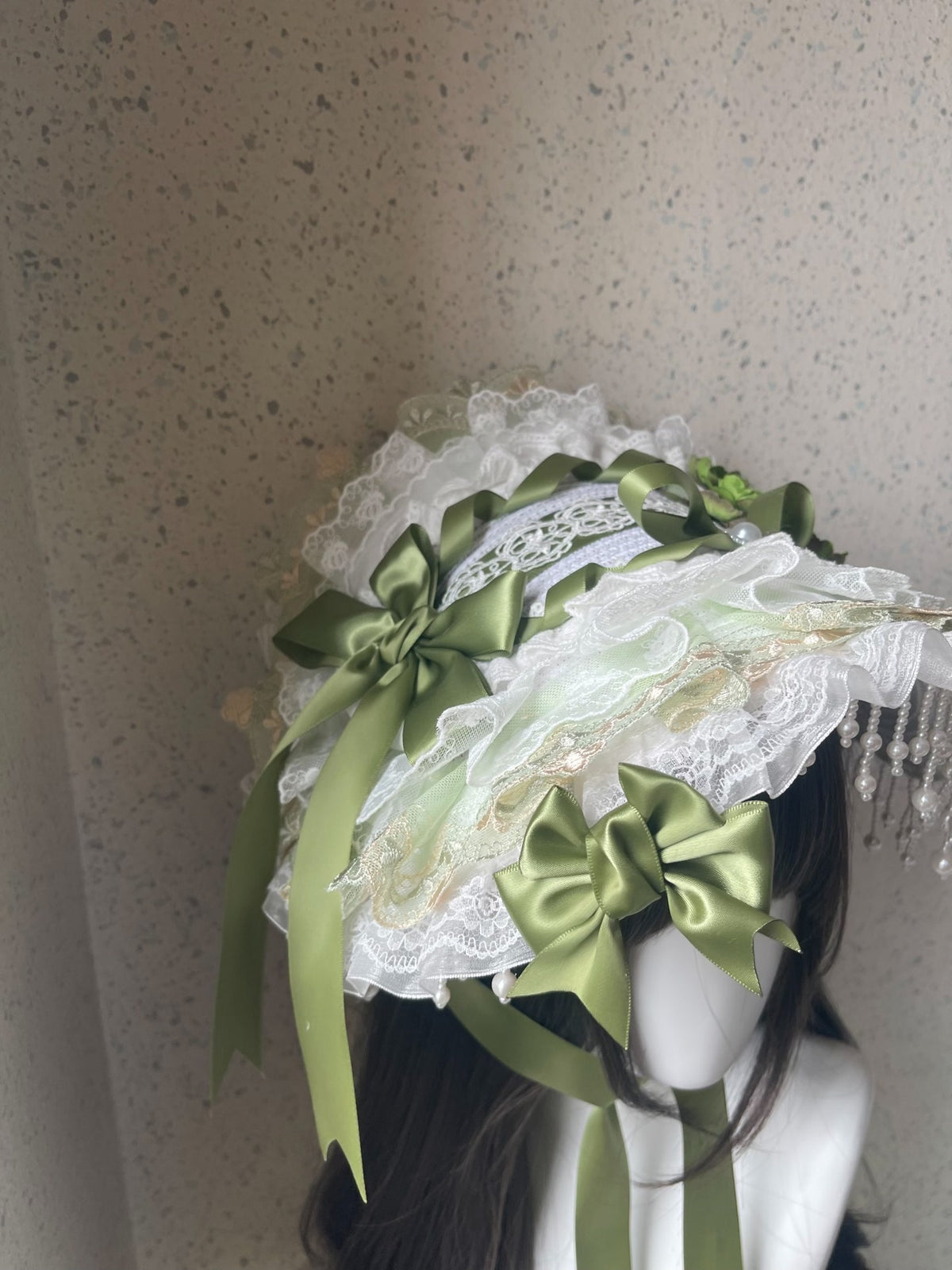 Lolita Green White Lace Flat Hat Handmade