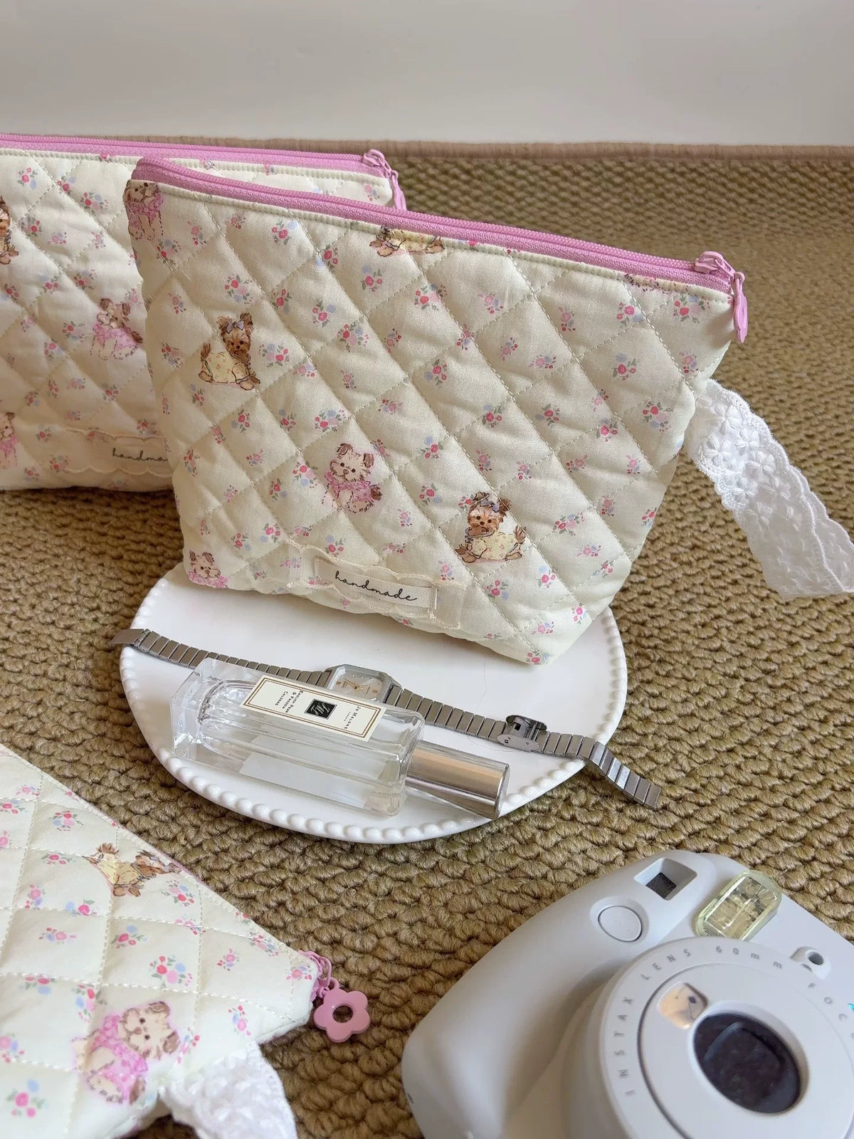 Quilted Yorkie Wash Bag with Lace Handle