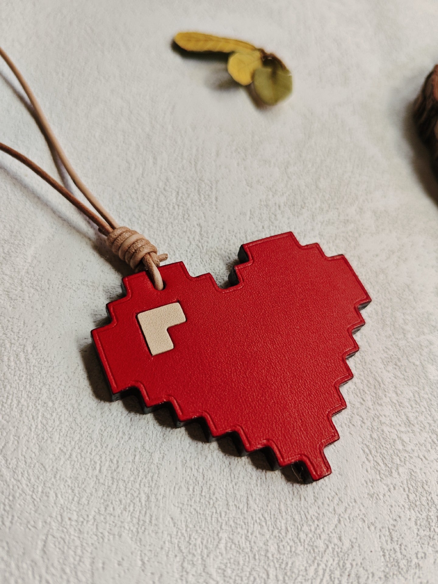 Vegetable-Tanned Leather Pixel Heart Keychain