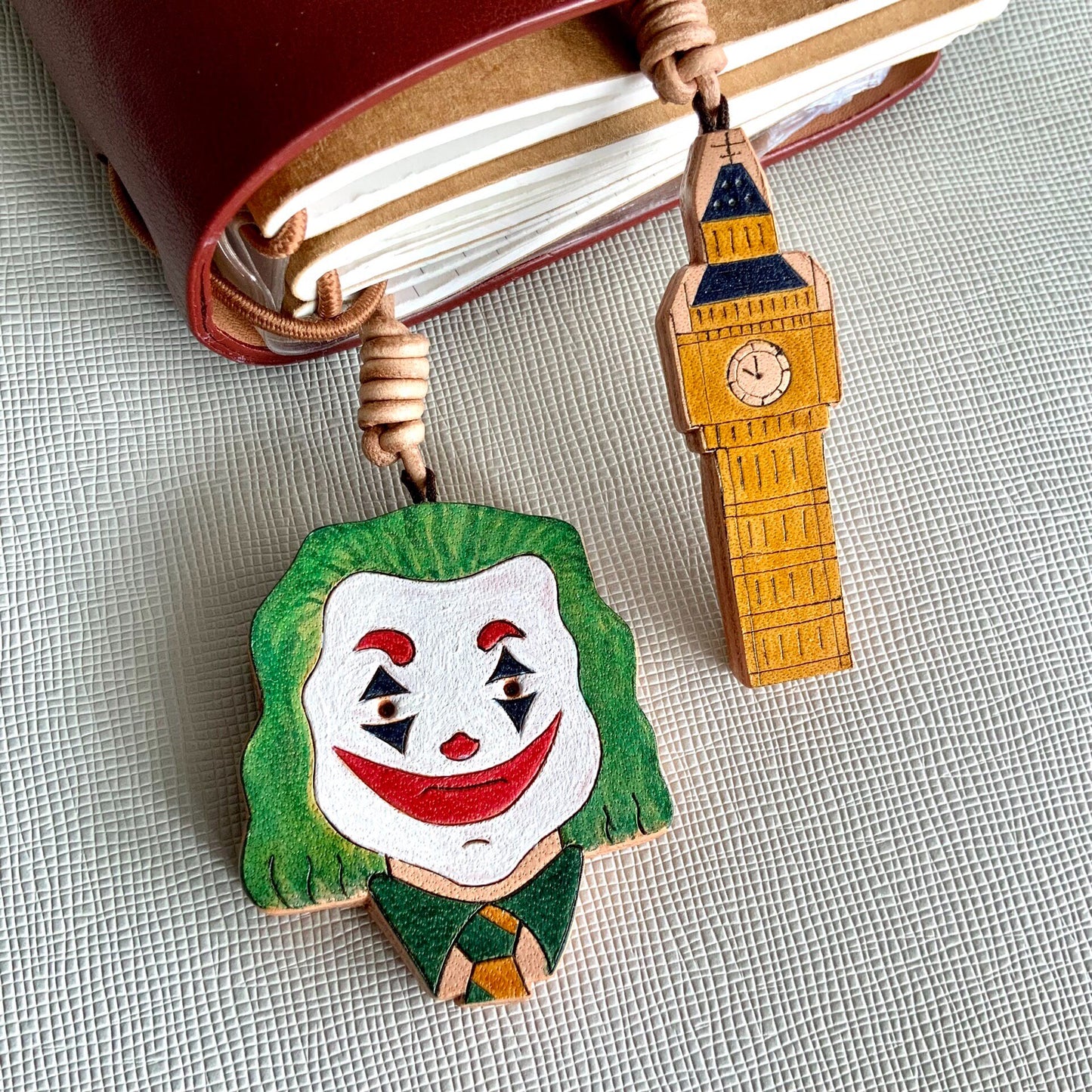 Hand-Painted Leather Joker & Clock Tower Charms for Bag, Key, or Journal