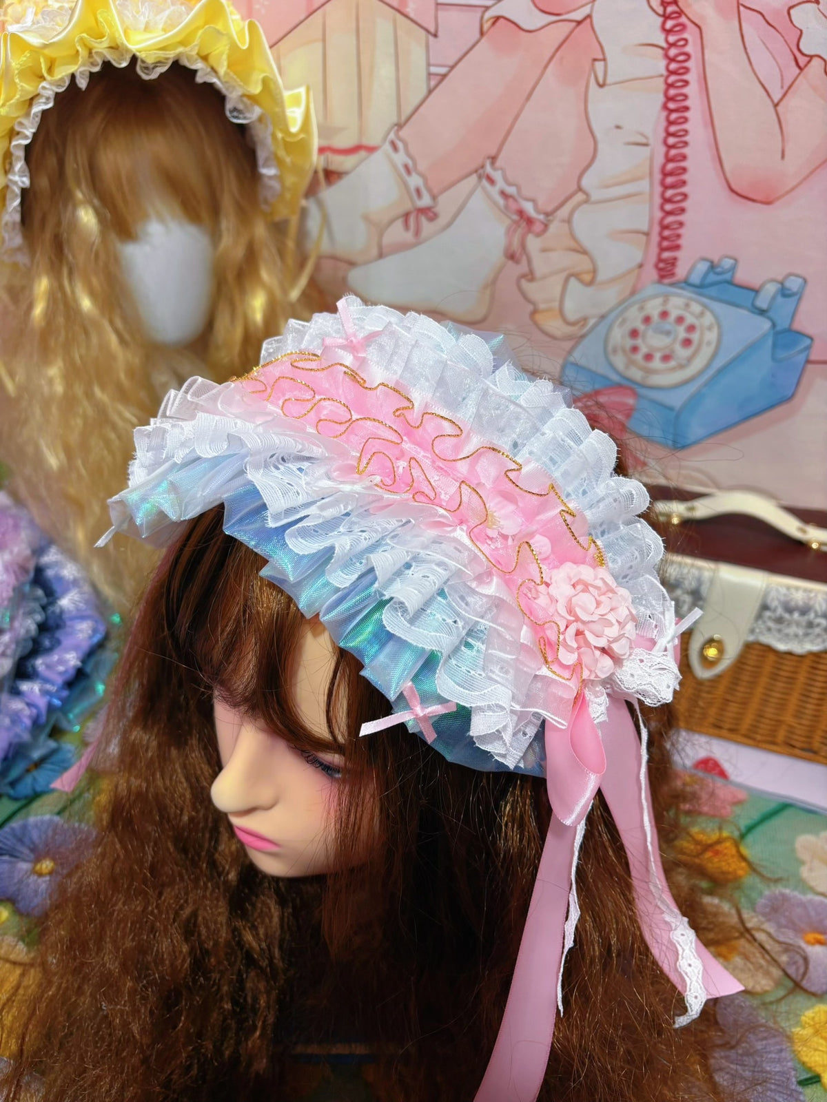 Handgakte Lolita Dome Hoed Roze Blauw Kant