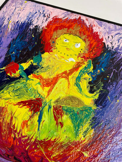 Yellow Jambhala Acrylic Painting, 40x40cm Canvas, Black Frame