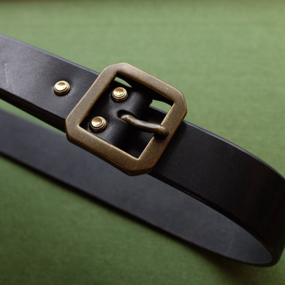 Black Leather Belt with Hexagonal Aged Brass Buckle and Three Rivets