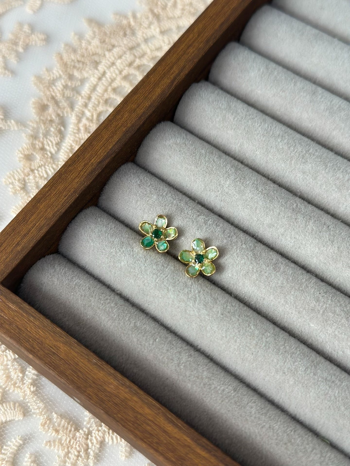 Small Flower Shell Inlay Earrings with Dyed Green Petals and Four Gemstone Colors
