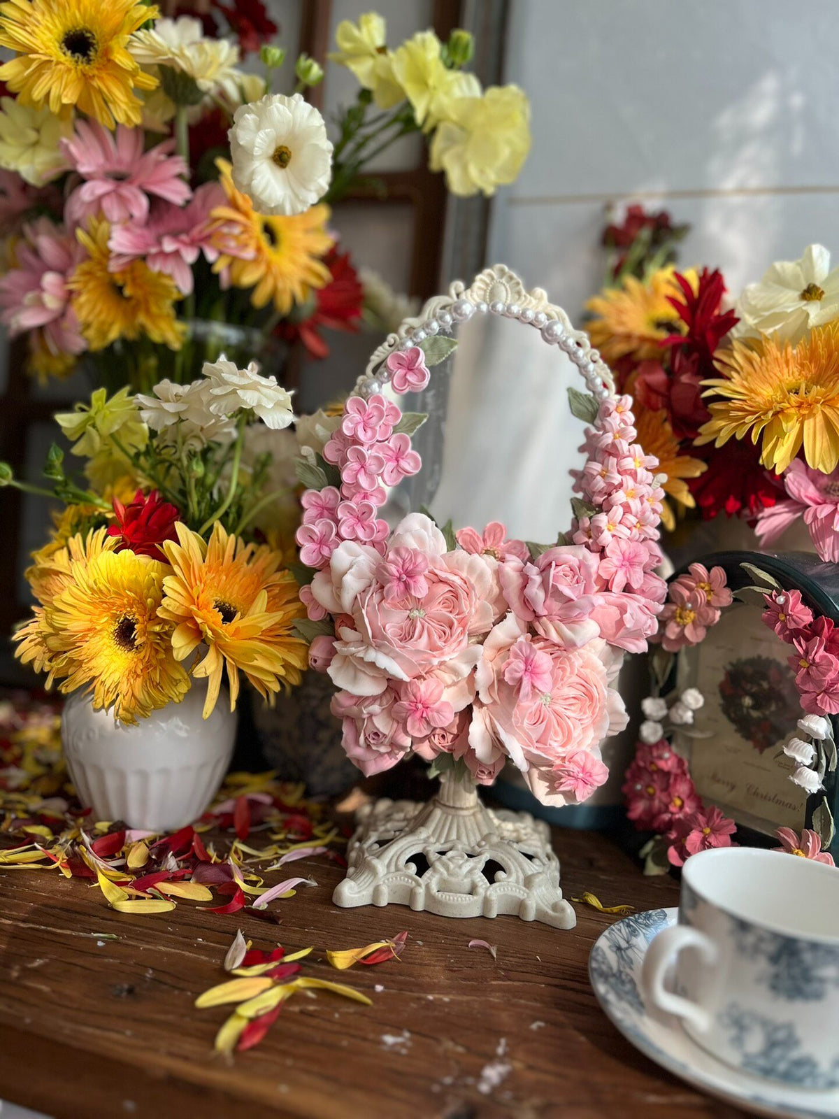 Clay Flower Decorated Oval Tabletop Mirror