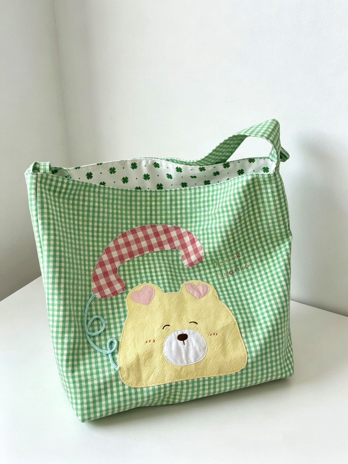 Green Gingham Bear Tote Bag