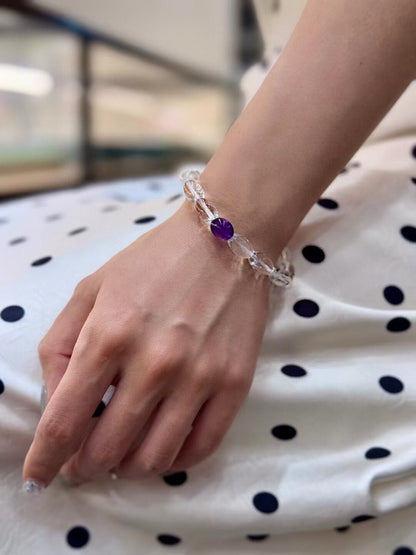 White Crystal and Amethyst Beaded Bracelet, 12.2mm Clear Faceted Oval Beads with 11mm Purple Accent