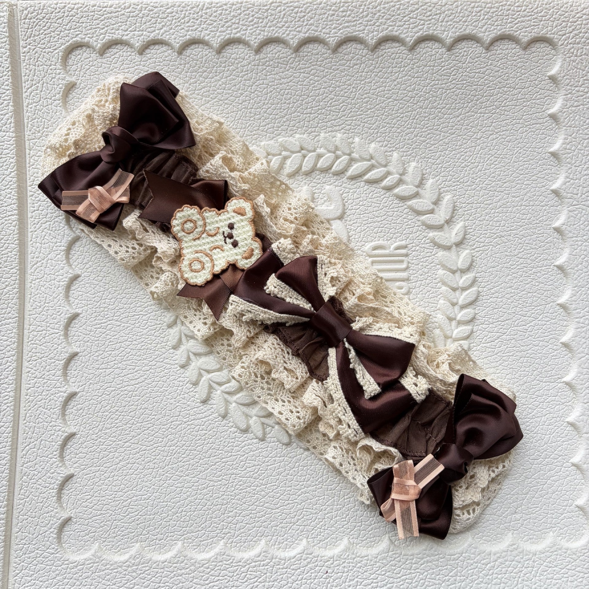 Chocolate Brown Lace Headband with Teddy Bear Appliqué and Satin Bows