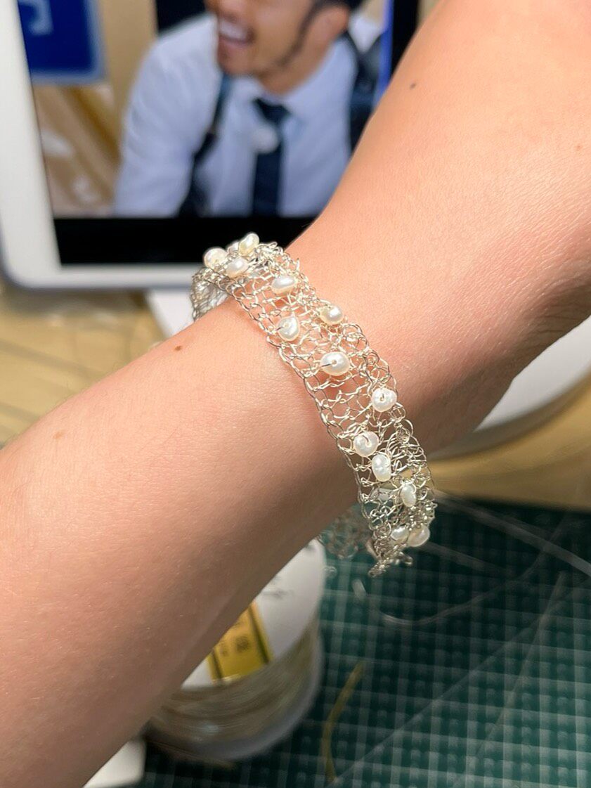 Woven Pearl Cuff Bracelet Silver Wire