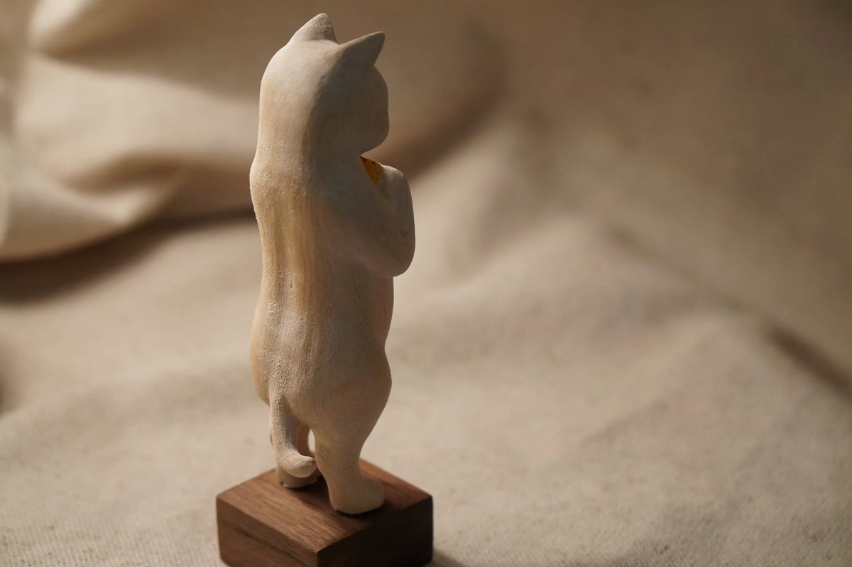 Hand Carved Linden Wood Cat Figurine