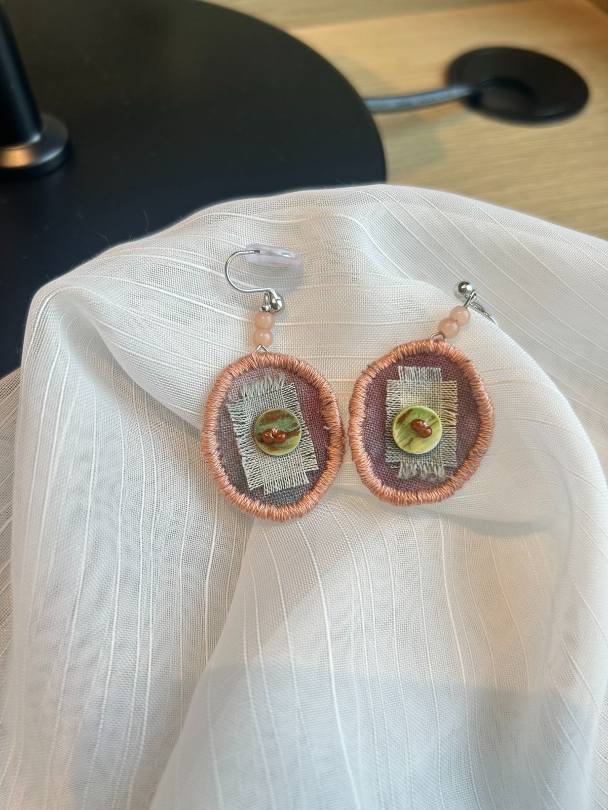 Handmade Fabric Earrings with Copper Stitching