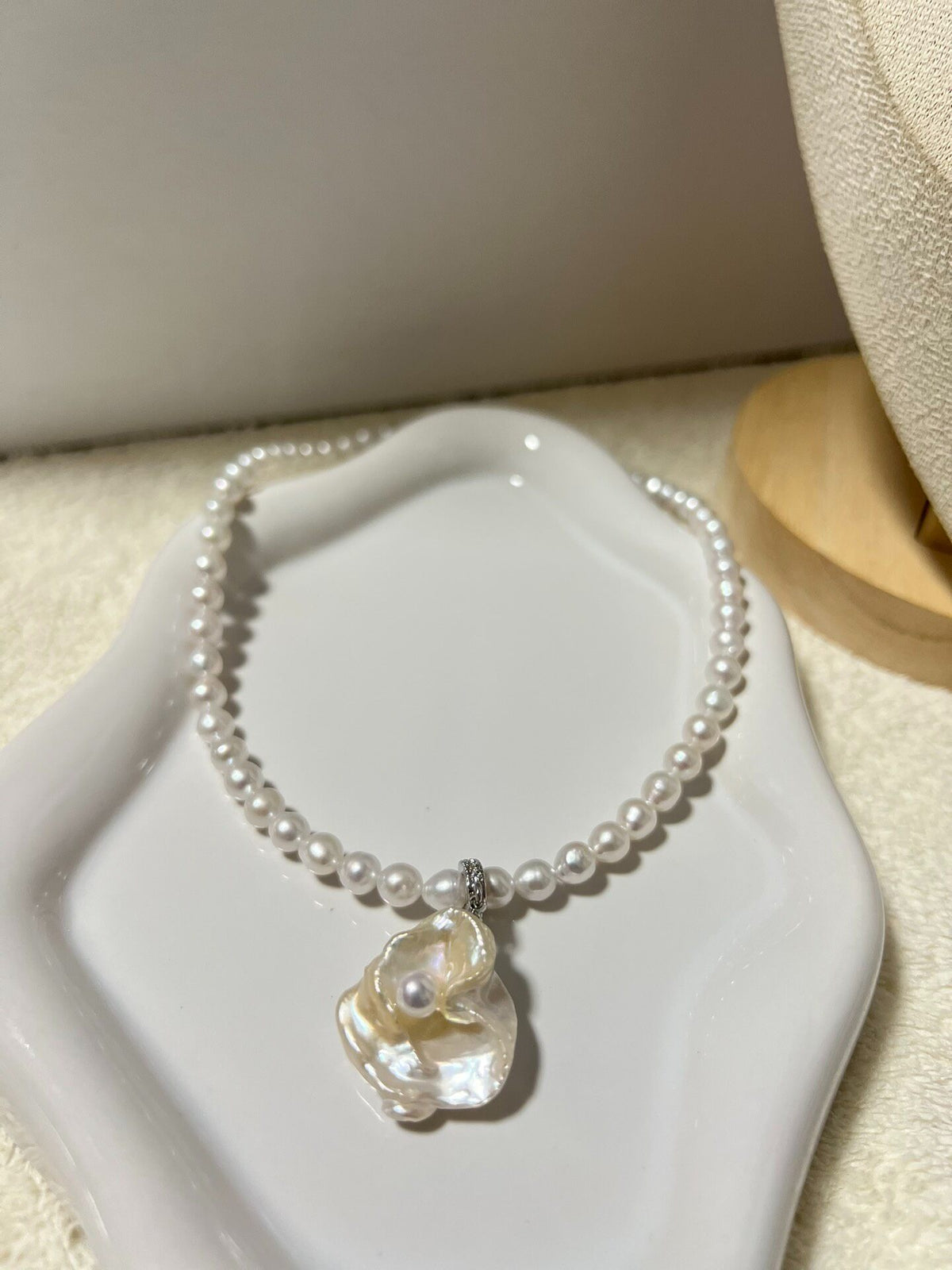 Pearl Necklace with Baroque Shell Pendant