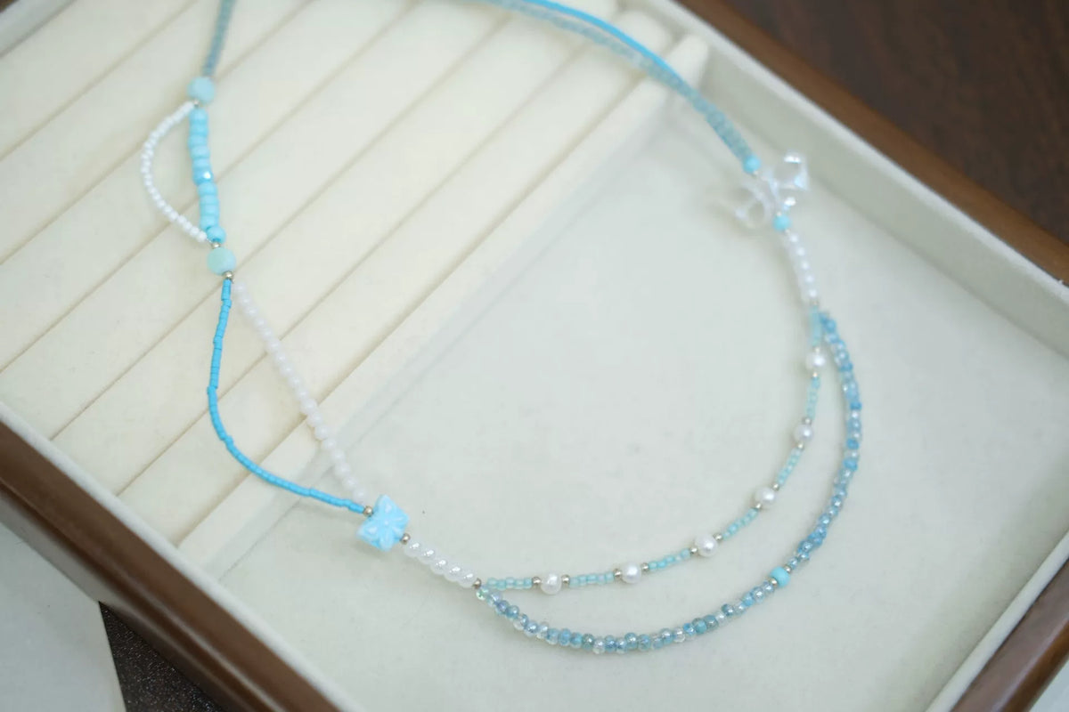 Double Layer Blue Butterfly Beaded Necklace