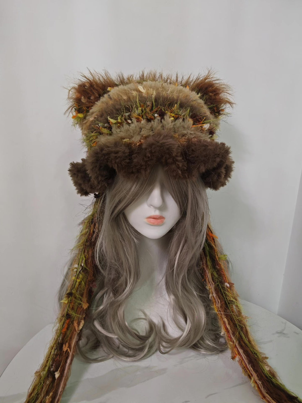 Cat Ear Winter Hat Brown Green Orange