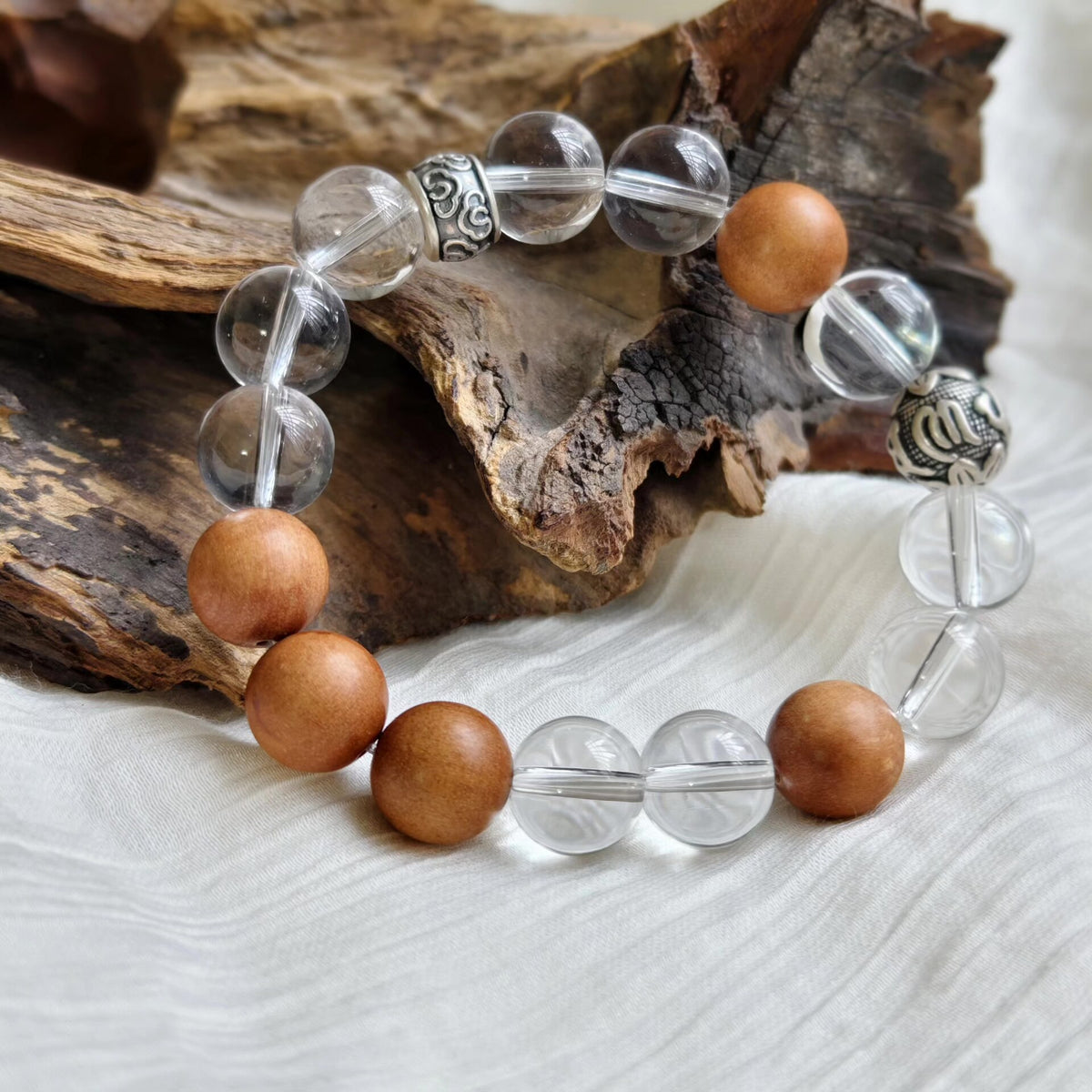 12mm Clear Crystal Sandalwood Beaded Bracelet