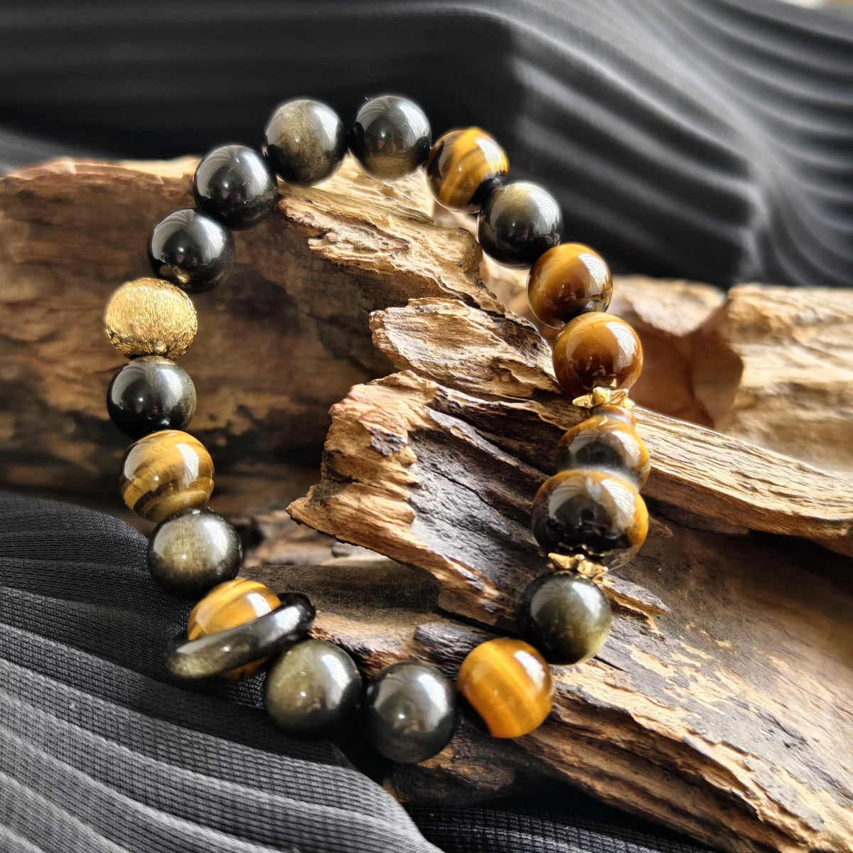 Gold Obsidian Yellow Tiger Eye Beaded Bracelet 10mm